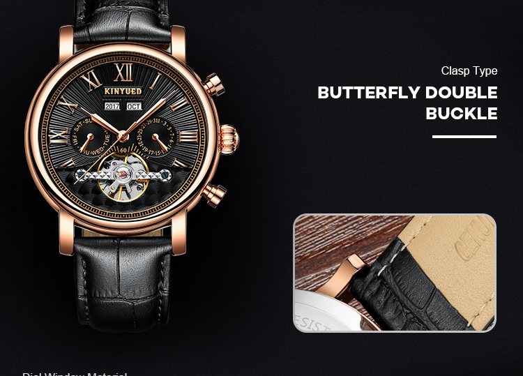J022-2 Fashion Black Strap Silver Cover Hollow Out Case Back With Complete Calendar Mens Automatic Mechanical Watch