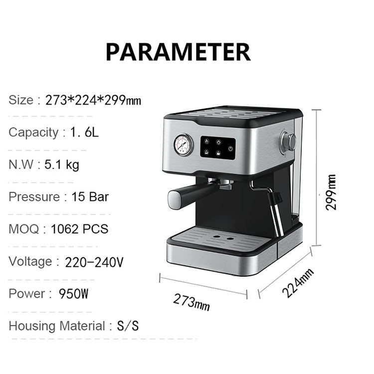 CM-1688 Espresso Coffee Maker 1.6L SS 15 Bar Pump Pressure
