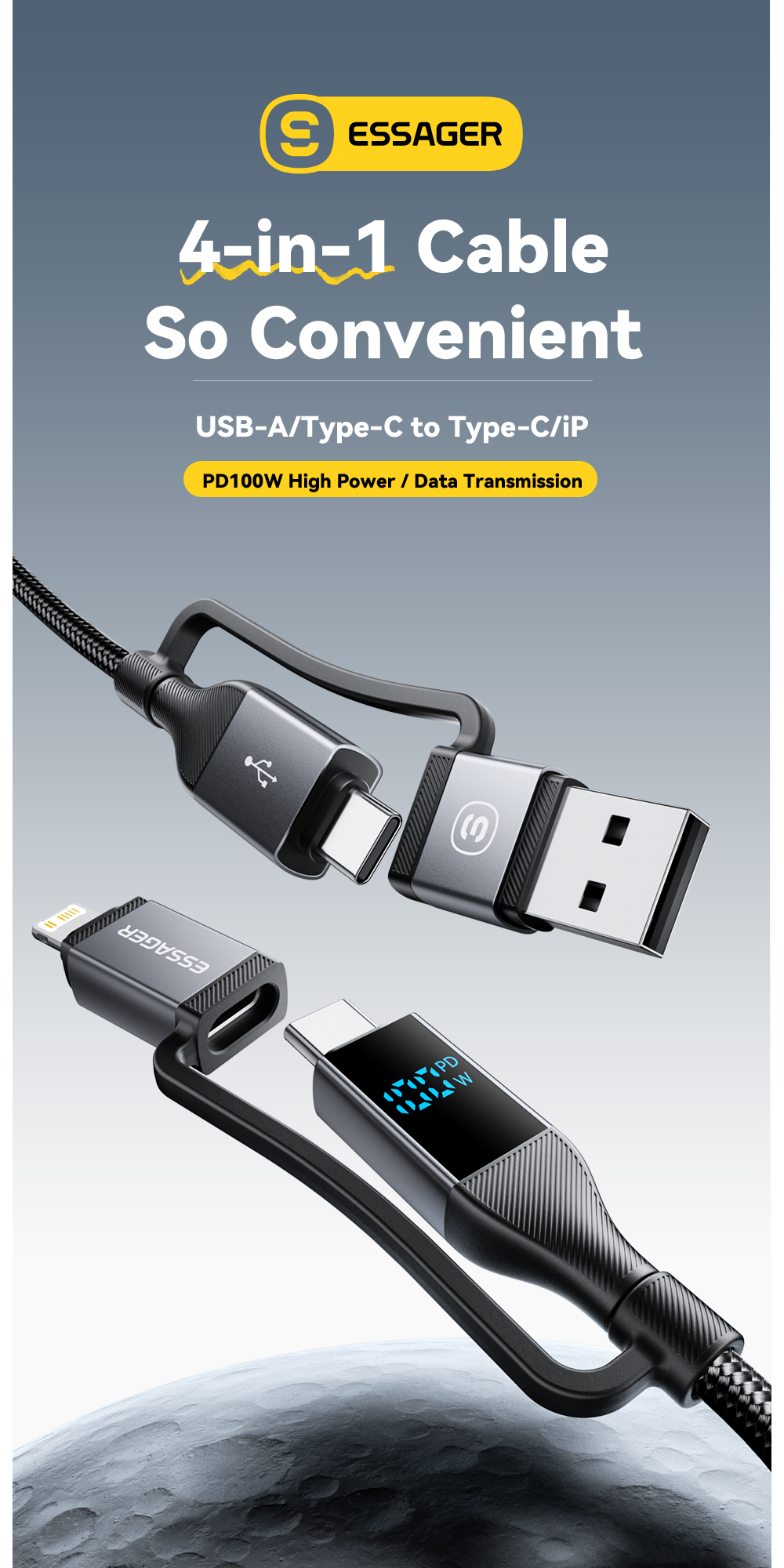 ESSAGER ES-X70 4 in 1 QC PD USB A/C to USB C/L Charging Data Cable