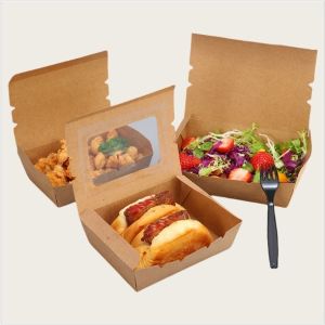 Disposable Biodegradable Takeaway Kraft Paper Salad Box With Transparent Window