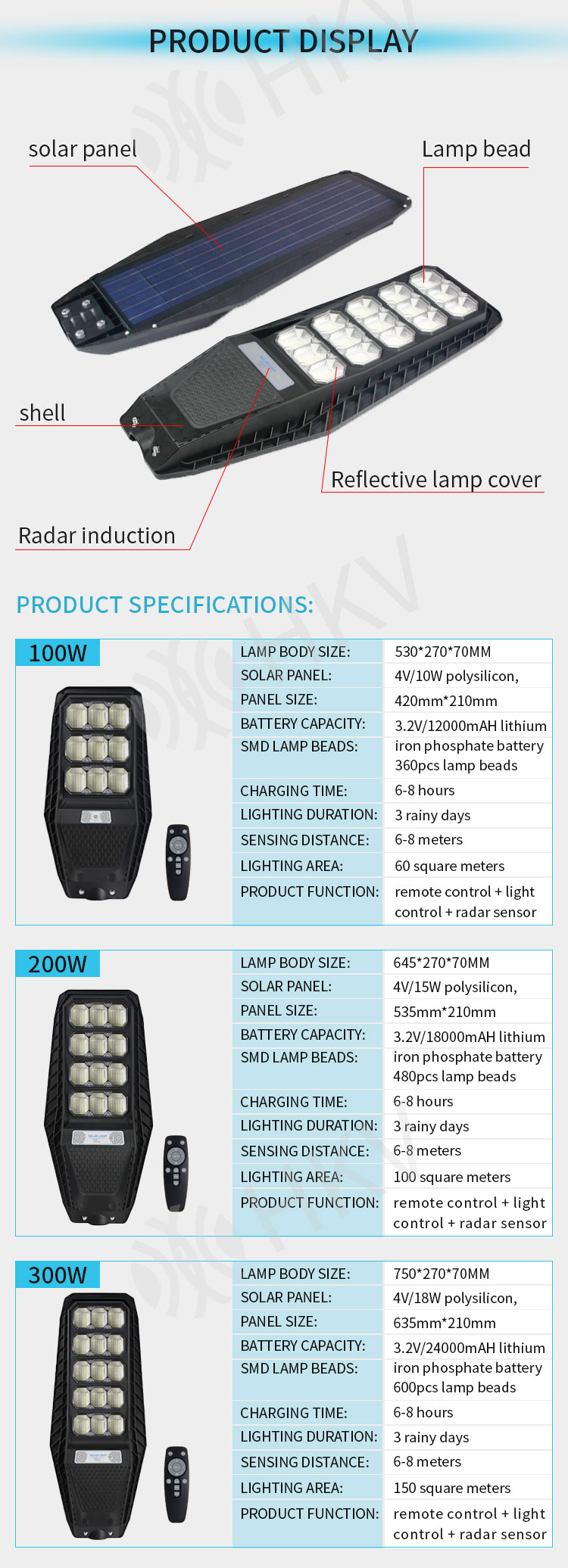 High Lumen Solar Powered LED Street Lights 100w 200w 300w Integrated