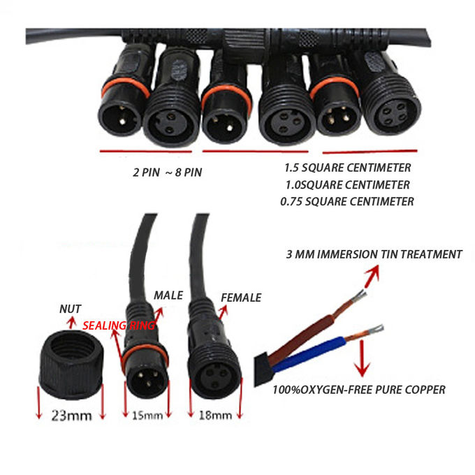 2Pin 8Pin waterproof wire connectors For Outdoor Lighting Equipment
