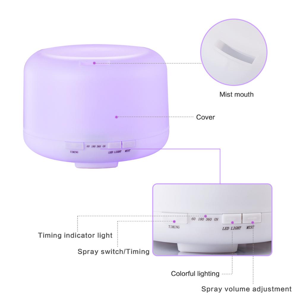 500ml Ultrasonic Aromatherapy Machine Cool Mist Maker Quiet Design Essential Oil Diffuser with Colorful Night Light