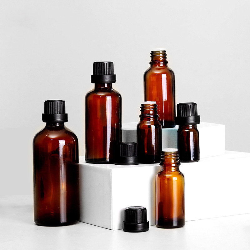 Senior PAK OEM/ODM Acceptable Amber Glass Essential Oil Bottle with Plastic Lid Inner Plug 5ml 10ml 20ml 30ml 50ml 100ml