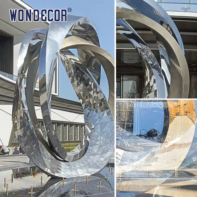 Outdoor Large Stainless Steel Fountain Sculpture Irregular Geometric Twisted Ring