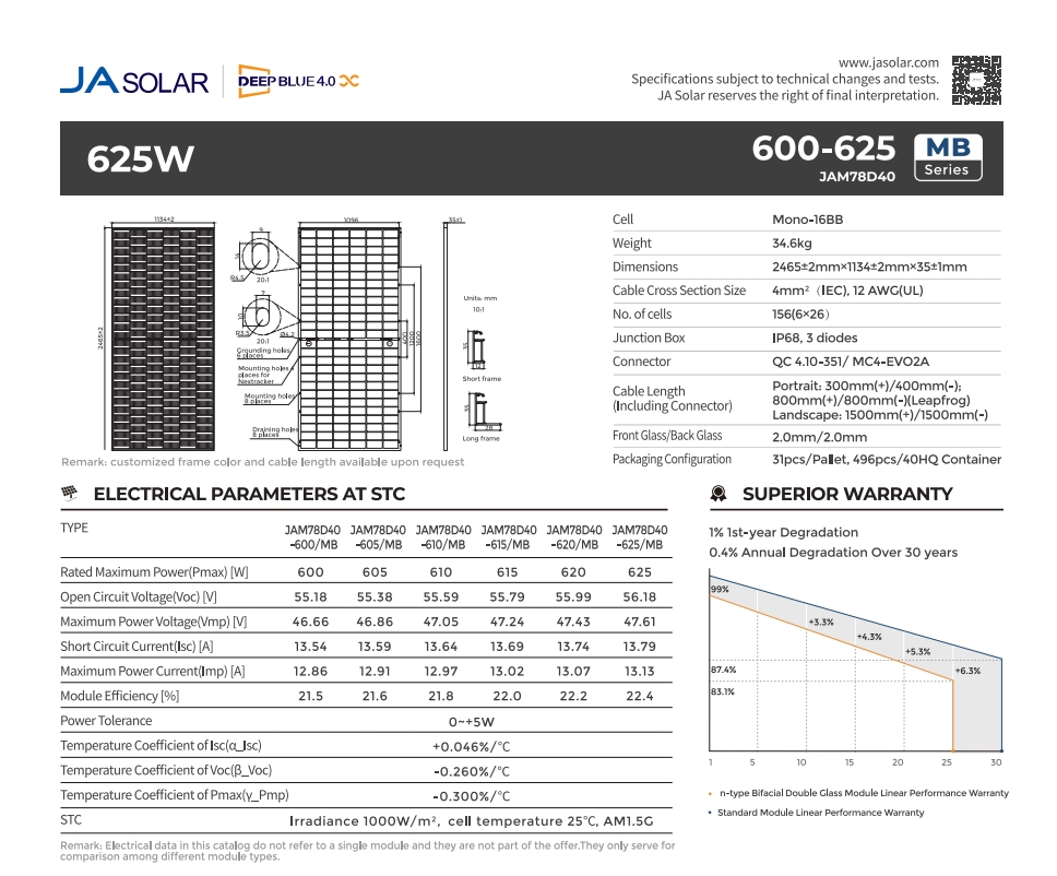 156 Cells Mbb 600W N-type Bifacial JA Solar Panels with 12AWG Cable in Eu Warehouse