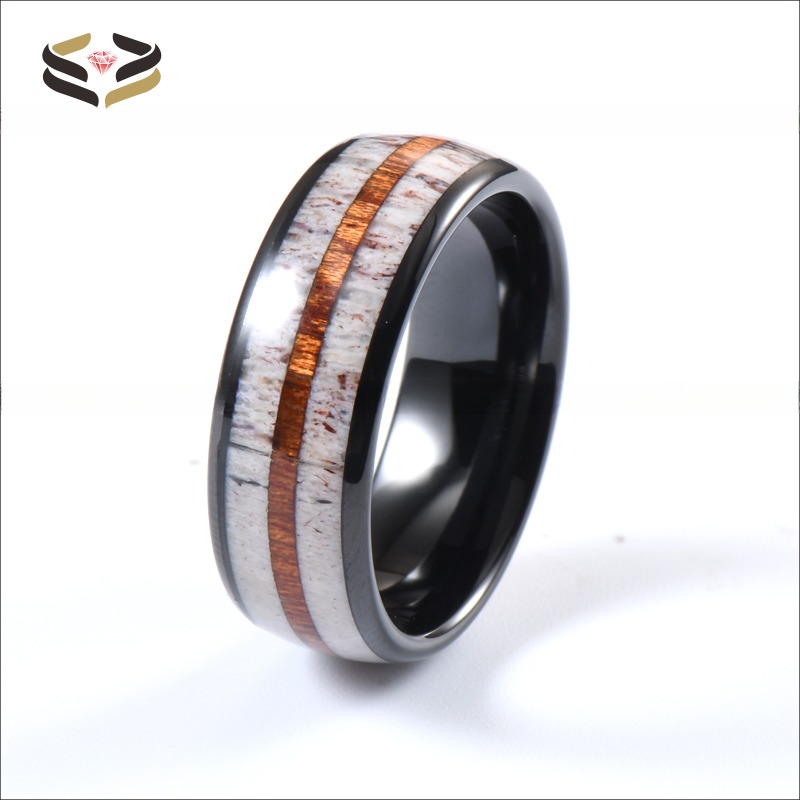 Stunning Men's Wedding Band with Antler and Koa Wood Inlay Comfort Fit 8mm Black Tungsten