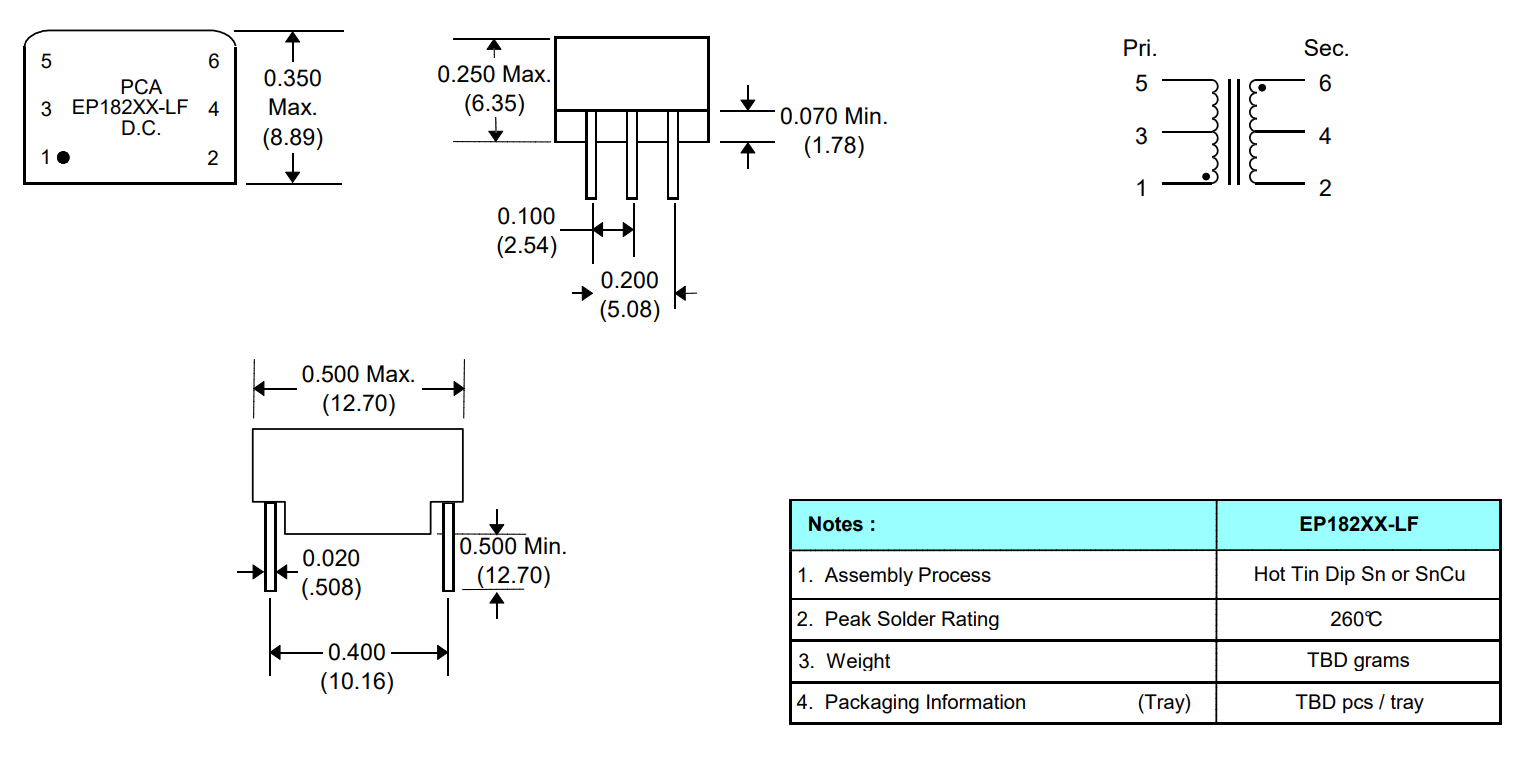 Pulse Transformers EP18274-LF / EP18275-LF / EP18276-LF / EP18277-LF / EP18278-LF / EP18279-LF / EP18280-LF