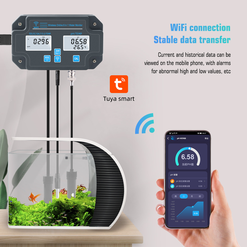 Customized Wifi Water Tester PH-3988 6 in 1 Salt S.G.Temp PH EC TDS Meter for Aquariums