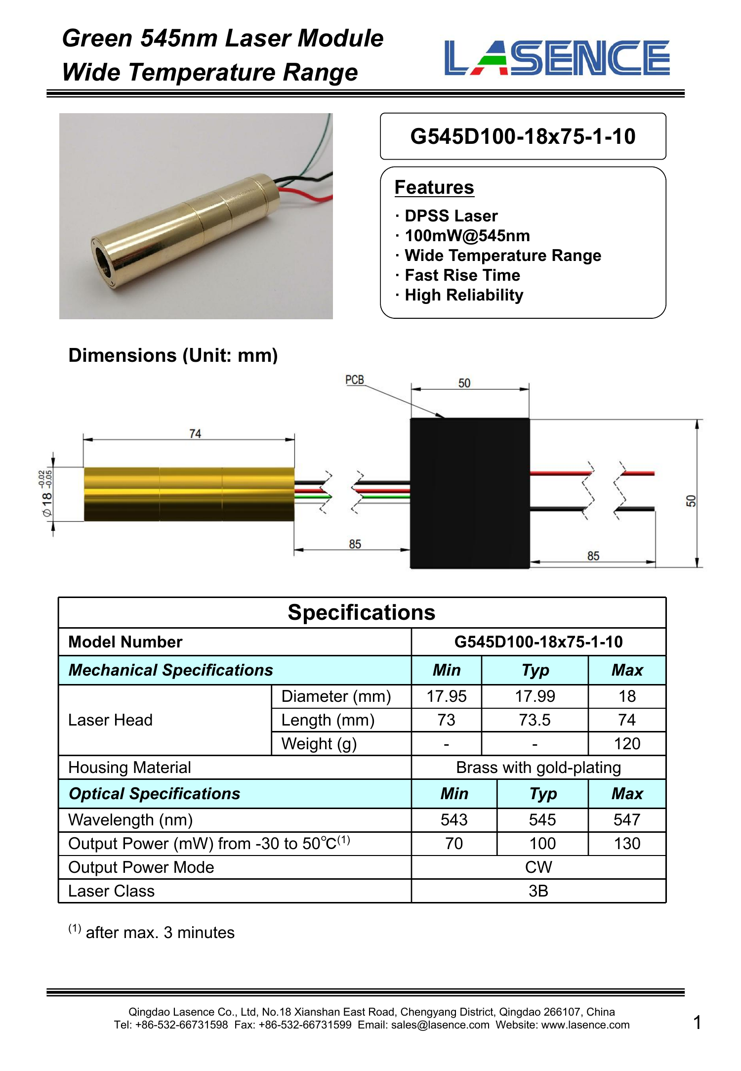 Farms Output Power Adjustable Green Laser Module 50mW 100mW Laser Dot DPSS Module 0.2 KG