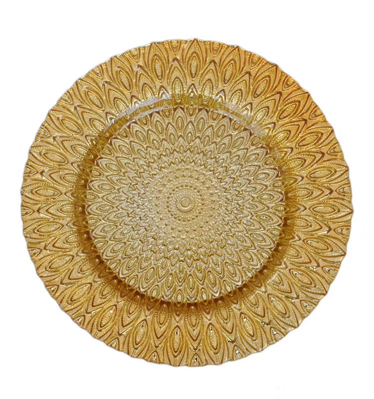 Gold Rim Mirror Charger Plate For Wedding Event Diamond Rhinestones 15 Inch