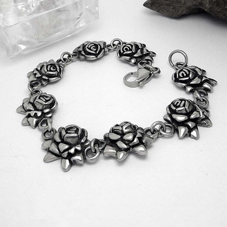 925 Silver Plated Titanium Stainless Steel Vintage Old Rose Link Bracelet (CE123)