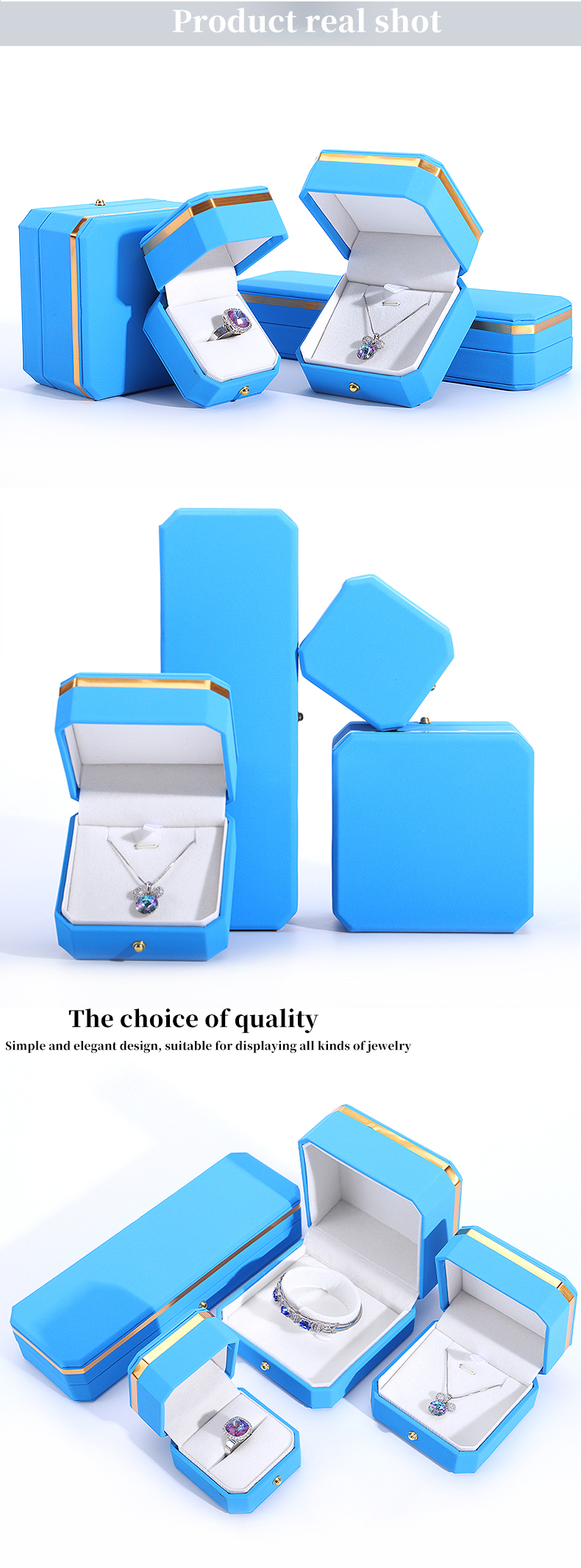 Blue PU Leather Gift Wrap Jewelry Box for Hanhong Octagonal Metal Button Custom Logo