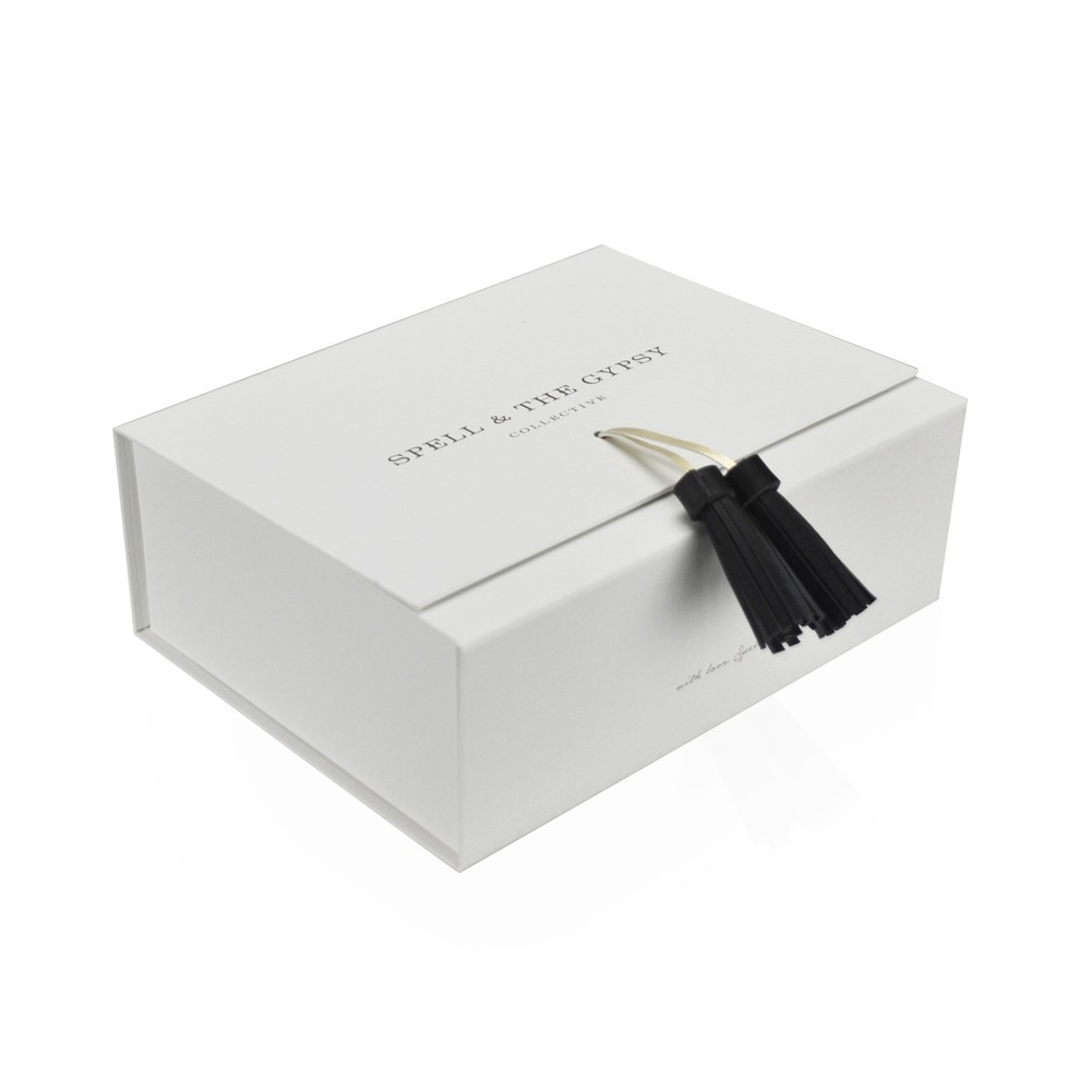 Hidden Magnet Collapsible Rigid Paper Gift Box Book Shape With Tassels Strap