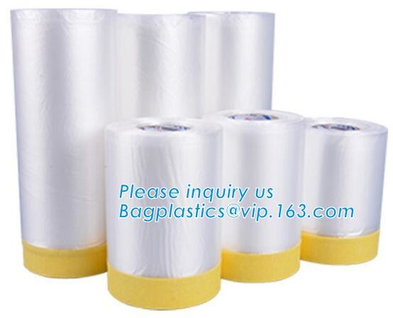 Disposable PE pre-taped self static cling masking film, Cover mask plastic drop film PE protection film with tape, BAGEA