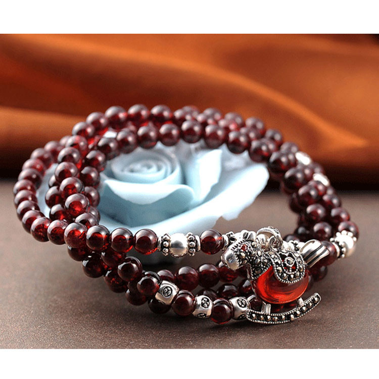 5mm Round Genuine Garnet Beads Bracelet with 925 Silver Marcasite Horse Garnet Charm (B120706)