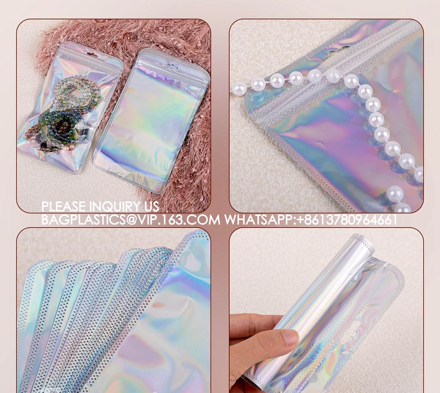 Holographic Packaging Bags Resealable Foil Pouch Bag For Jewelry Makeup Brush Lash Packing, jewellery Bags