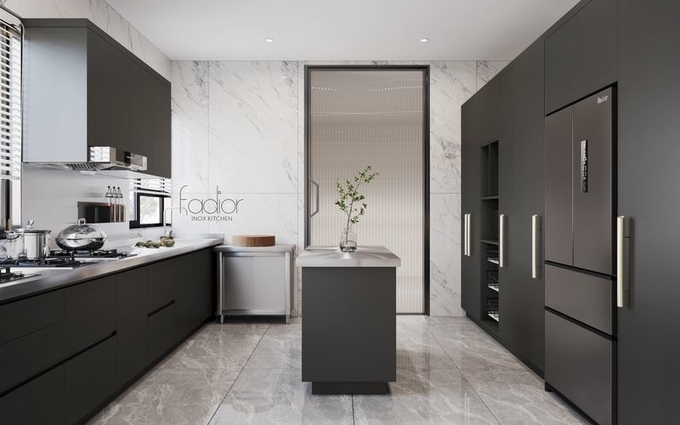 Modern Stainless Steel Double-Line Kitchen Cabinet With Integrated Appliances And Multiple Storage Solution