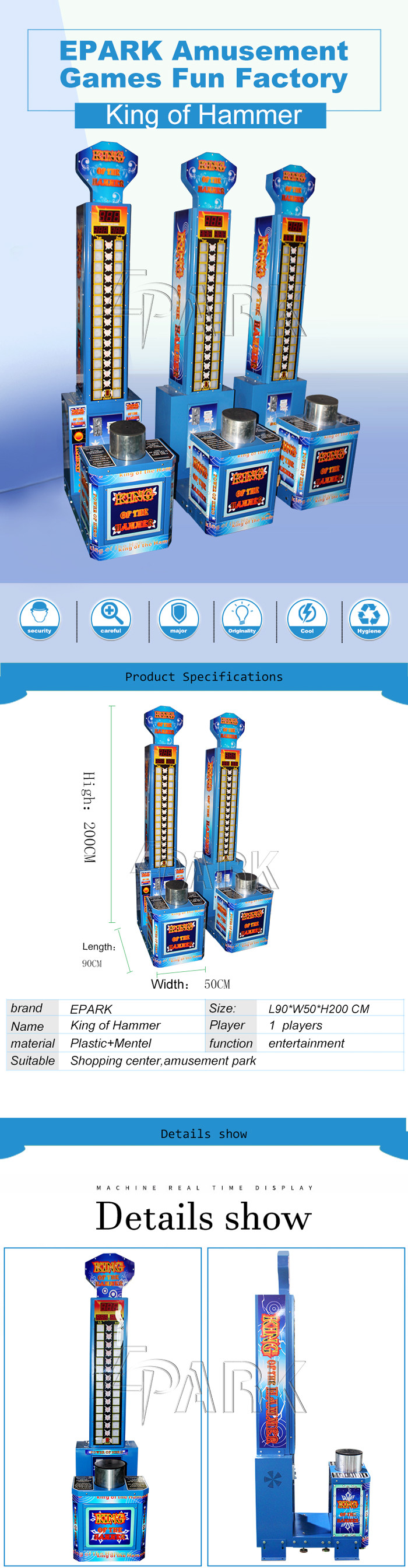 Attractive King Of Hammer Hitting Coin Operated Arcade Machines With LED Light