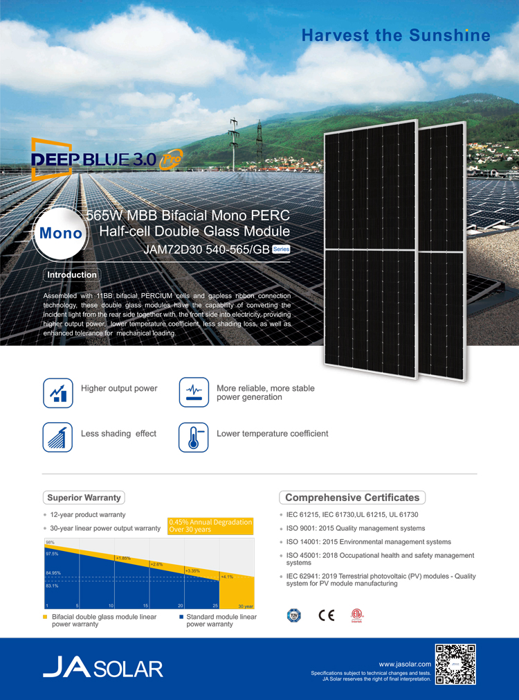 Ja High Efficient Mono PV Solar Panel Perc Jam72d30-550/Gb 550w 540w