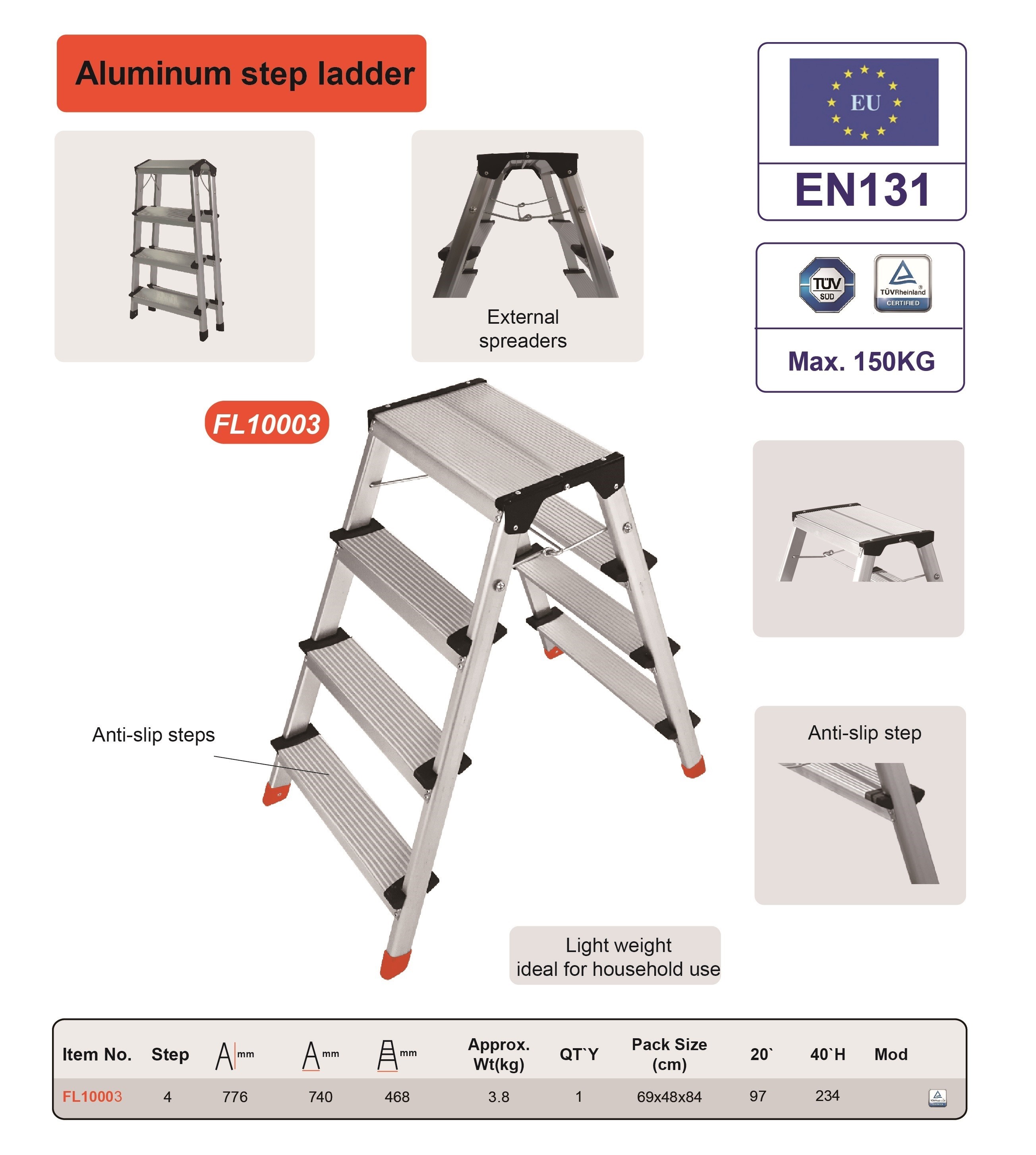 Double Sided Aluminum Step Stool Wide Pedal 4 Steps Slip Resistant