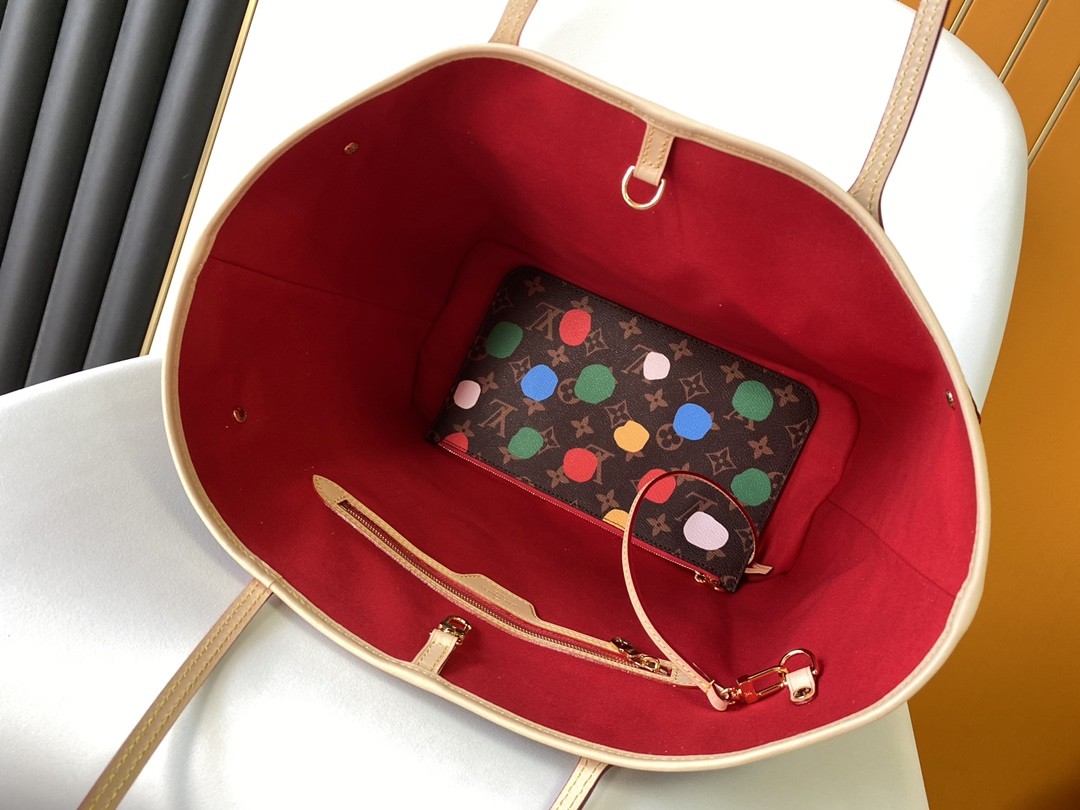 black LV X Yayoi Kusama Louis Vuitton Neverfull MM Monogram Bag Multicolor