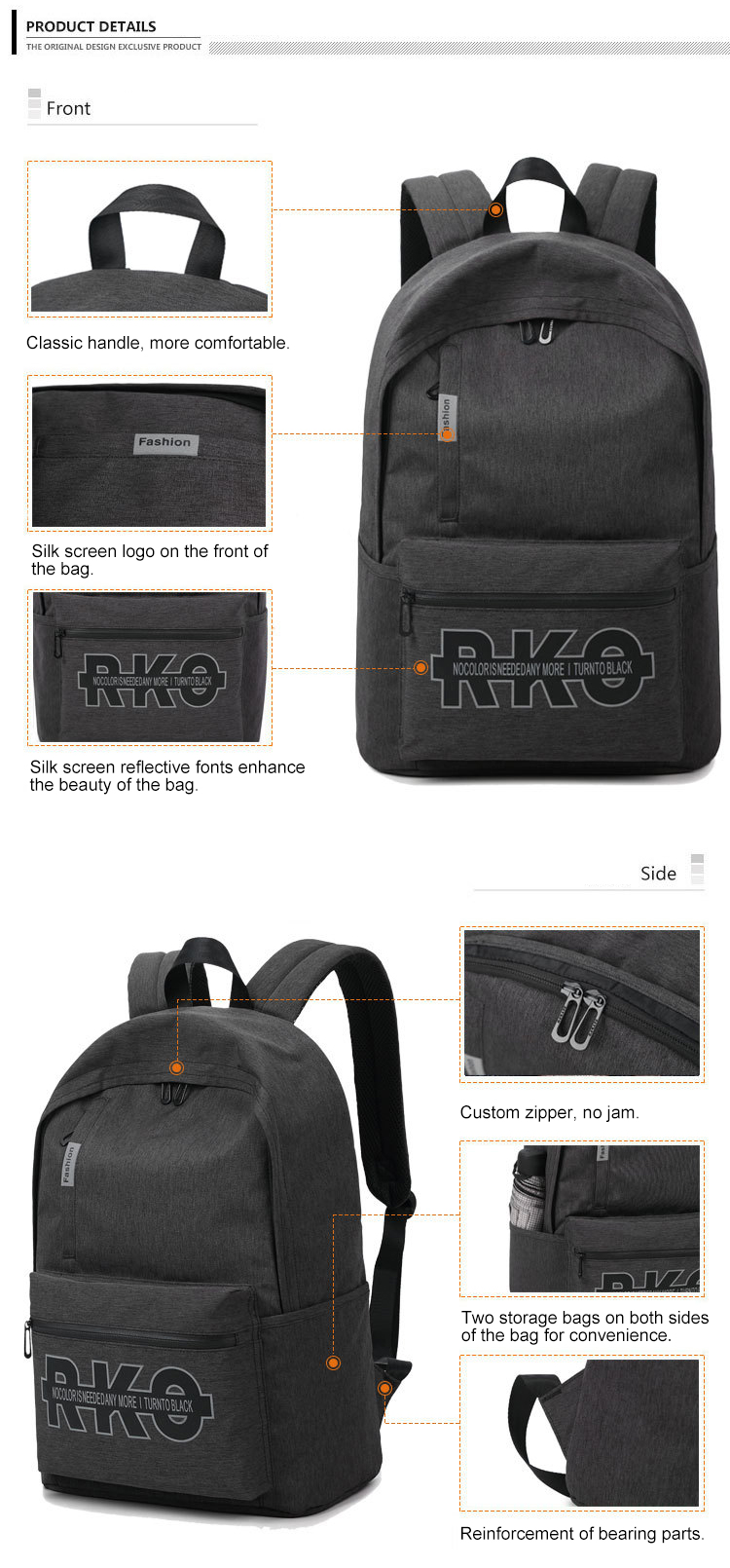 Zipper Closure Student School Backpack 24L Waterproof Laptop Rucksack