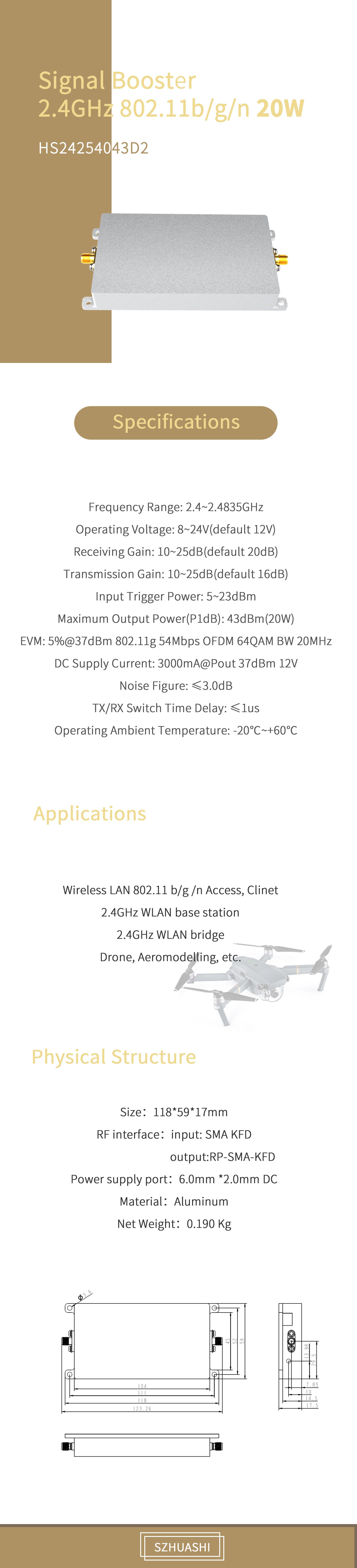 Convention Mounting Type Wifi Signal Booster 43dBm 8-24V Operating Voltage
