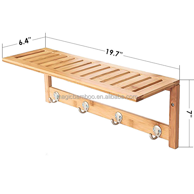 Modern and Functional Solid Bamboo Wooden Bathroom Shelf with 4 Stainless Steel Hooks