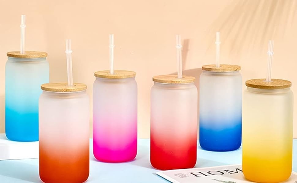 360/480ML 2Pack 16oz Glass Water Bottle Gradient Frosted Glass Sublimation Water Bottle With Bamboo Lids Lightweight High Durability