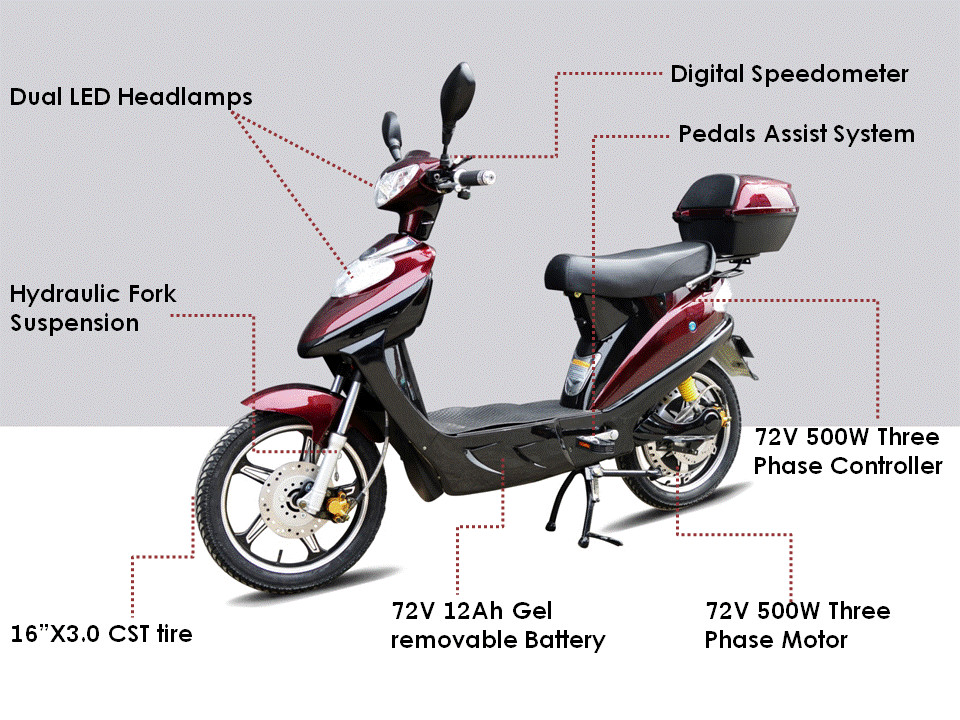 72V 500W Pedal Assisted Electric Scooter , Electric Moped Scooter With Pedals