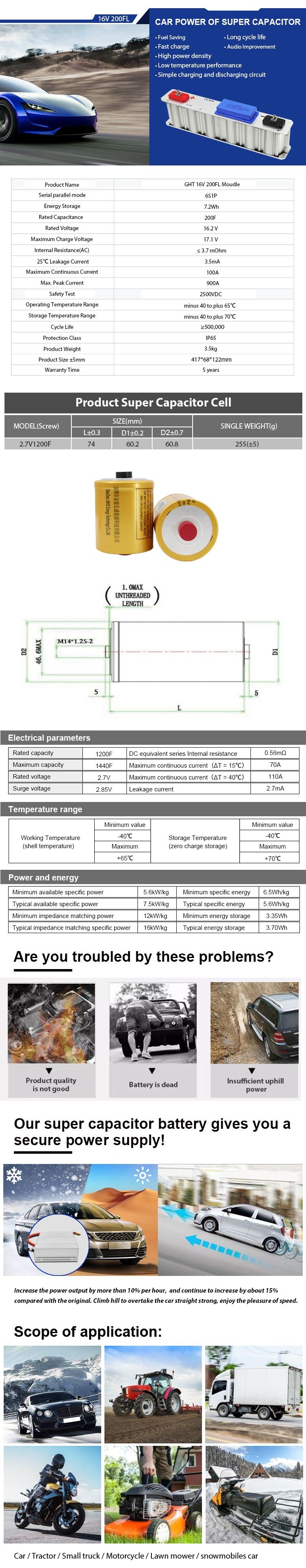 Super Capacitor Packs Datasheets High Power GHT 16V200FL Size：417*68*122