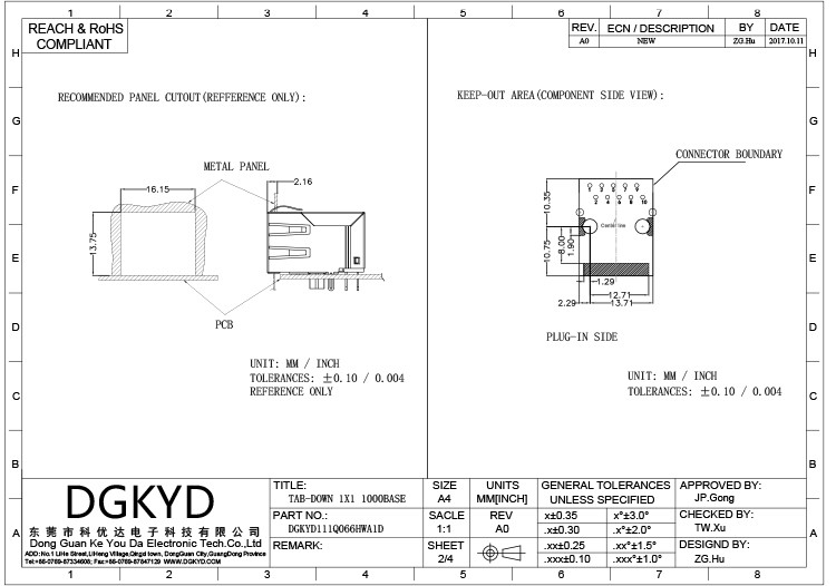 DGKYD111Q066HWA1D Gigabit Integrated Filter RJ45 Network Connector Lightless 10PIN