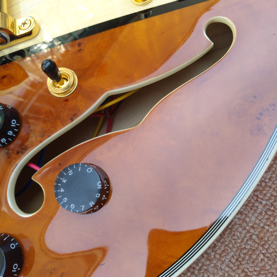 Hollow body jazz 335 electric guitar, Maple top gold hardware electric guitar with Tremolo system, free shipping