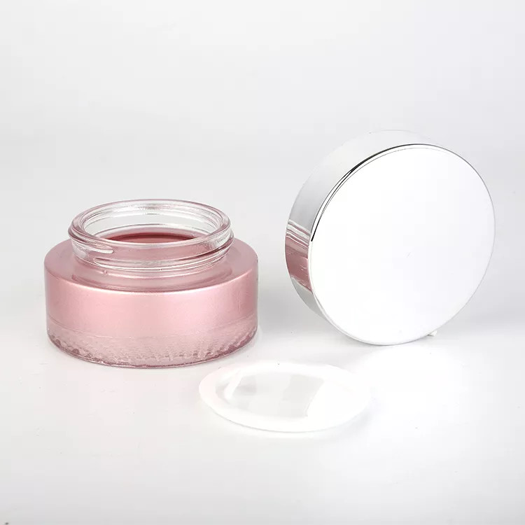 Pink Color Painting Glass Cosmetic Jar 50g Silver Screw Up Cap For Skin Care Cream