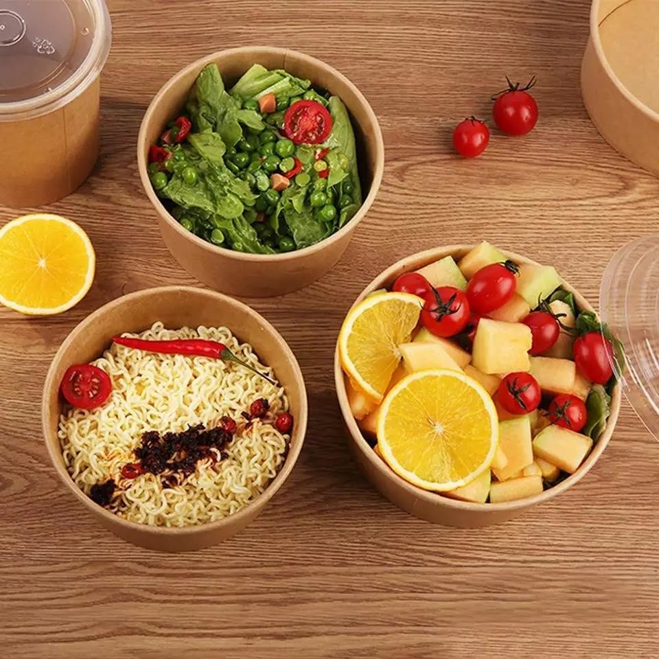 Custom Recyclable Kraft Paper Salad Bowls Brown Kraft Soup Paper Bowls With Lids