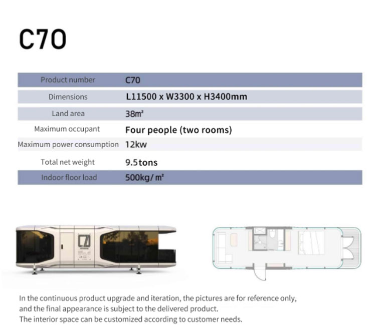 Hotel Accommodation 38 M2 Model E7 Solar Capsule House With Luxury Apple Cabin Design