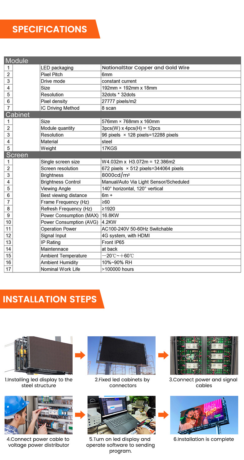 Easy installation 8000nits IP65 p6 digital display led screen billboard outdoor advertising