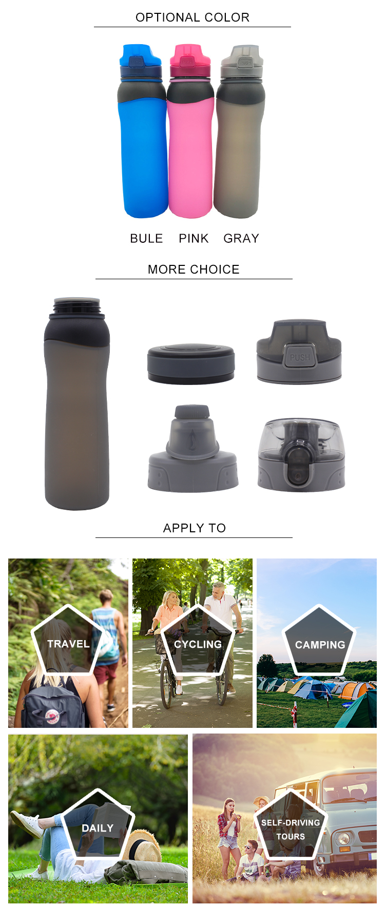 Food Grade 650ML Collapsible Silicone Water Bottle