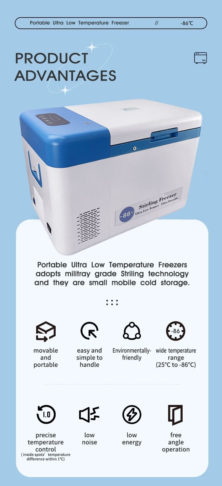 Vaccine Lab Ultra Low Temperature Freezer 25L -86C/-112F AC 100V to 240V DC 12V to 24V