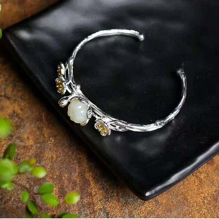 Sterling Silver Natural Jade Culptured Flower Gold Plated Women Bracelet(049924)