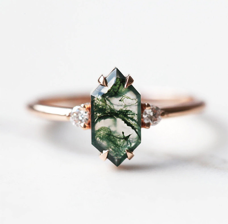 Hexagon Cut Natural Moss Agate Vintage Unique Moissanite Bridal Ring For Art Deco