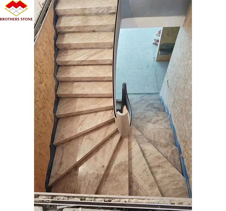 Customized White Marble Stair Step with Riser Designs Glass Railing in Spiral Design
