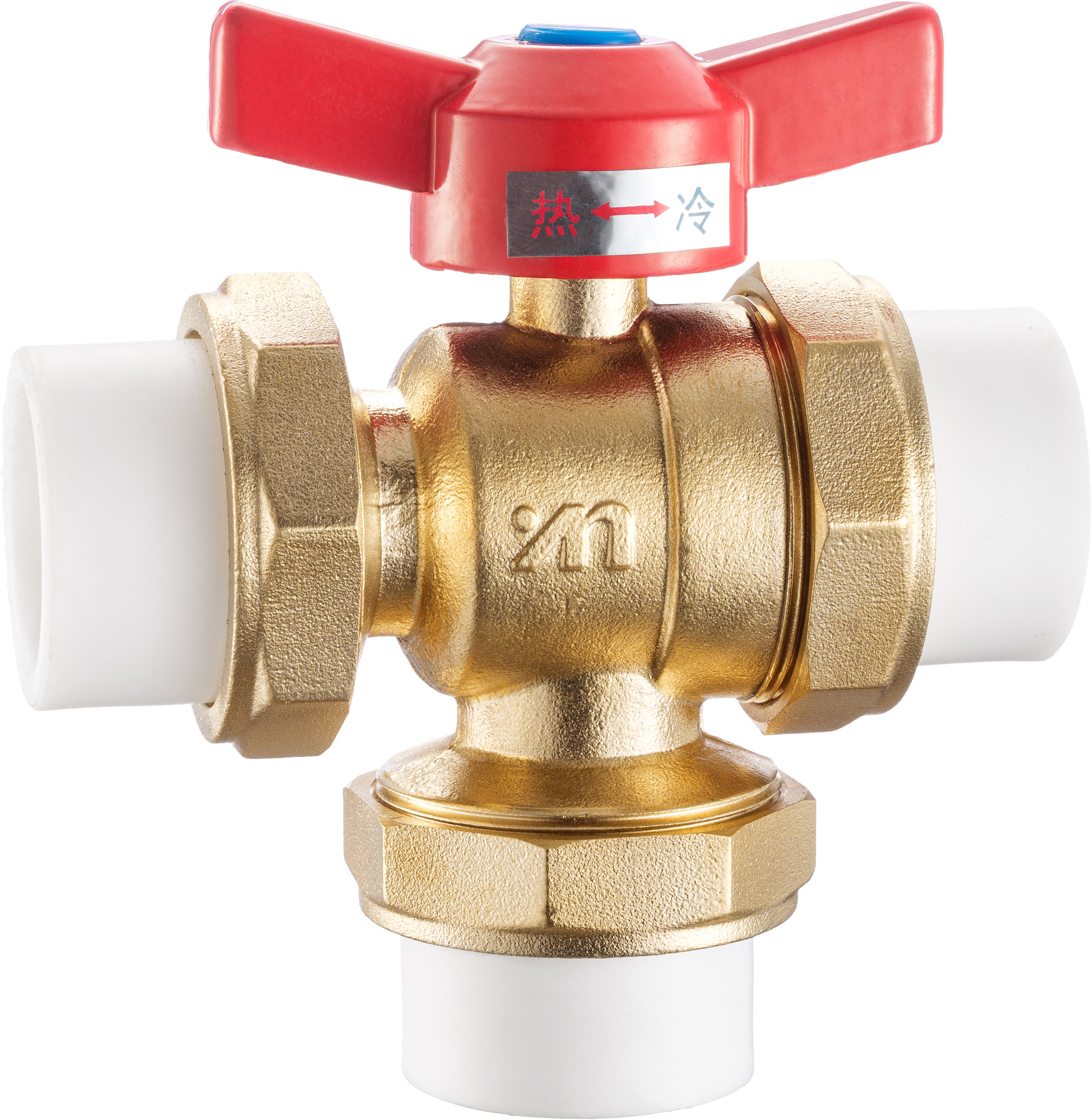 3203 Three Way Cold-Hot Switching Brass Valve Ball Type Sizes DN20 DN25 with Equal Tee PP-R or FxMxM Pipe Connections