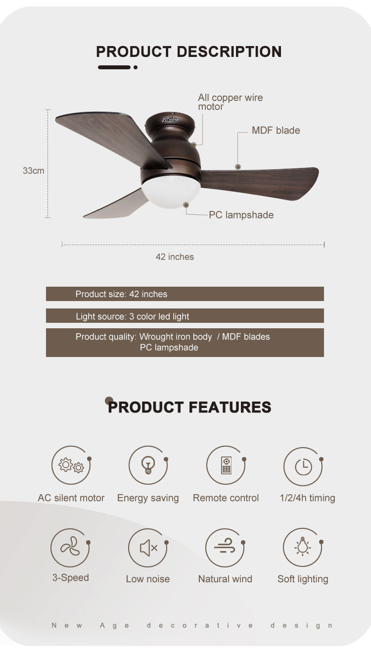1stshine Ceiling Fan with Light and Remote Control 3 MDF Blades 3 Color LED Light