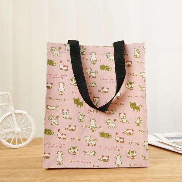 Degradable Pink Kitten Floral Canvas Shopping Totes Strong Reusable Shopping