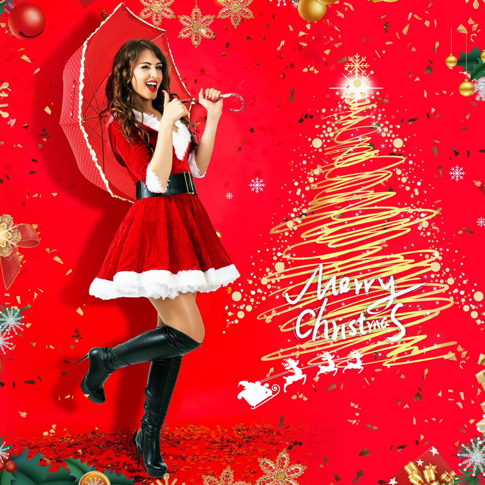 Christmas Costume Pure Desire Dress with Hat Long Sleeve Short White Plush Red Party Dress