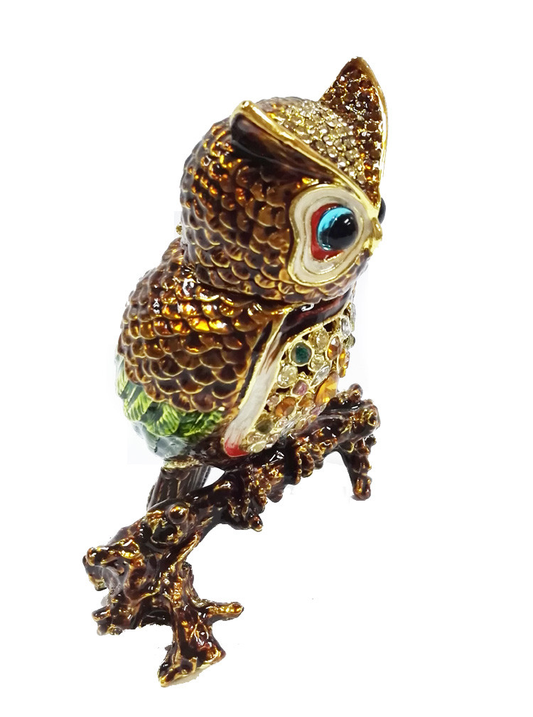 Beautiful owl handpaint metal jewelry box rhinestone owl birds enamel trinket boxes