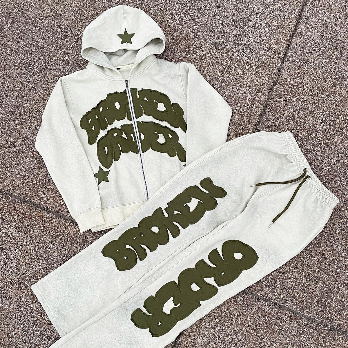 Vintage Distressed Patch Applique Embroidery Hoodie Set with Customizable Color Options