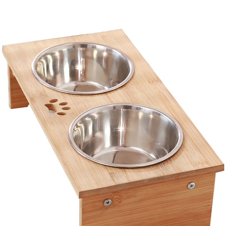 Hollow Pattern Bamboo PET Feeder Stand Stainless Steel Bowls for Dog